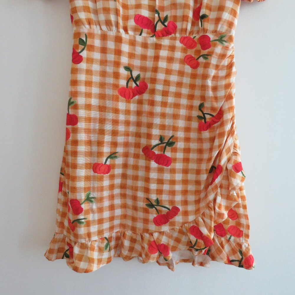 FARM Rio Orange Gingham Cherry Print Puff Sleeve Dress - Picture 7 of 16